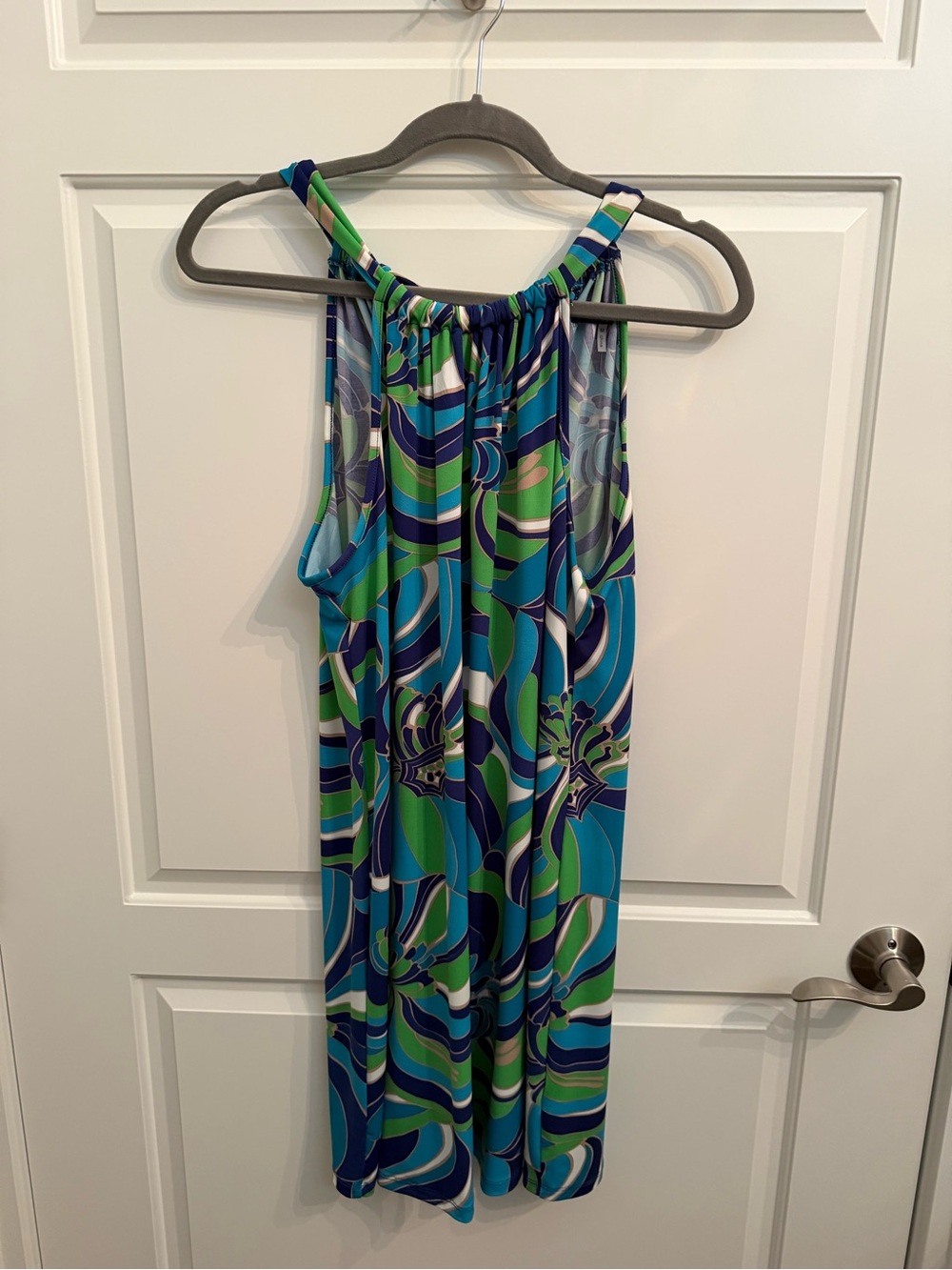 Trina Turk Multicolor Abstract Halter Dress in Teal, Navy & Light Green